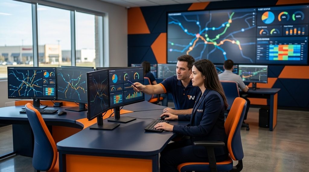 Equipe de logística analisando rotas e monitoramento de frota em centro de operações
