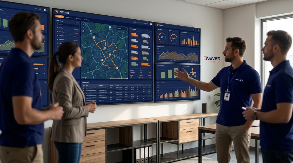 Equipe de operações acompanhando indicadores de frota em painéis de Business Intelligence
