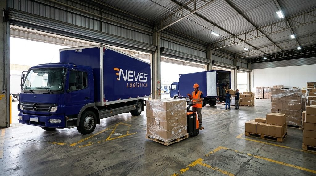 Caminhão da Neves Logística em doca de cross docking com operadores movimentando paletes