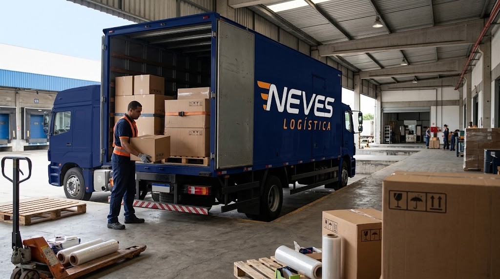 Colaborador da Neves Logística carregando caixas de produtos frágeis protegidas em caminhão baú
