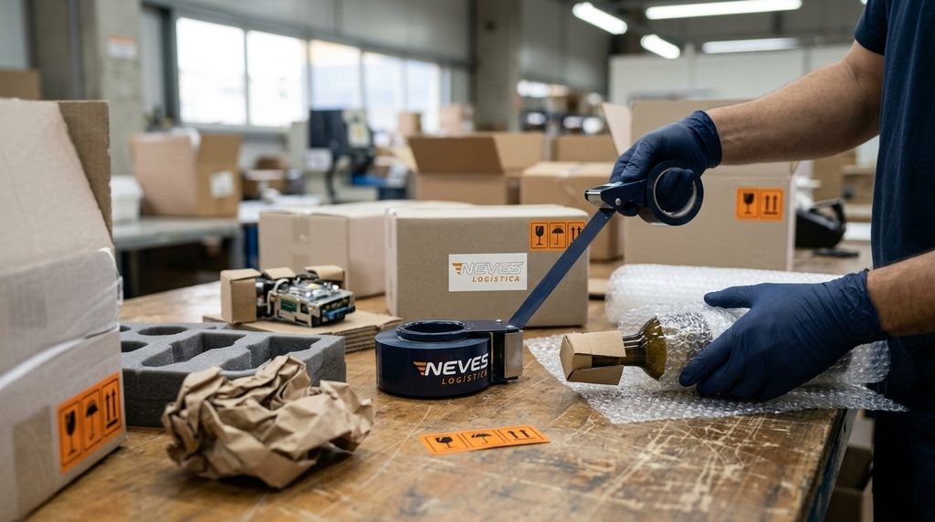 Caixas de produtos frágeis sendo embaladas com plástico bolha, cantoneiras e etiquetas de manuseio