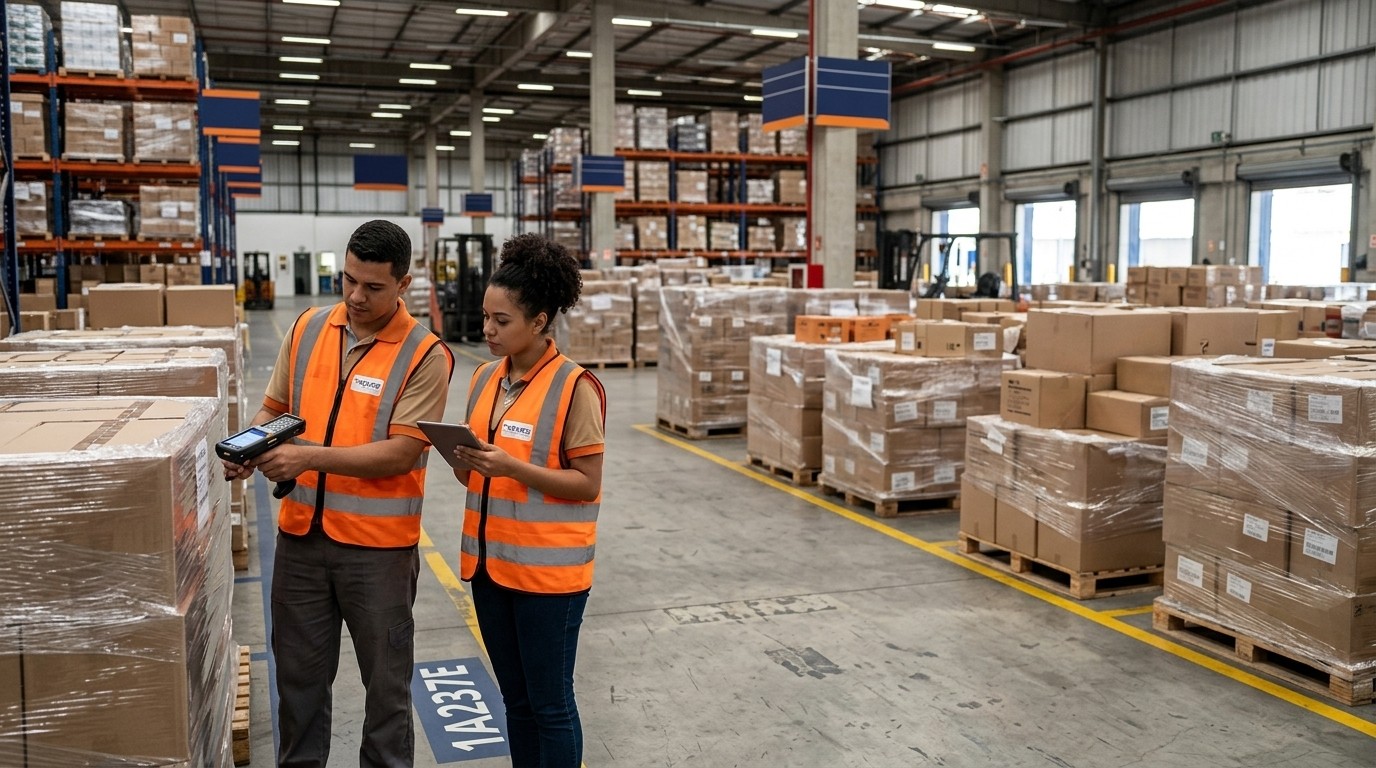 Operadores conferindo etiquetas e notas fiscais de volumes em operação de cross docking