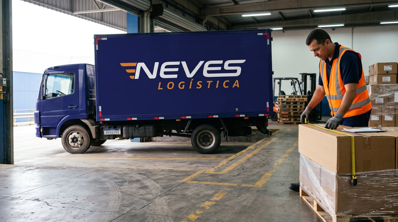 Colaborador mede caixa com trena na doca para calcular o peso cubado da carga
